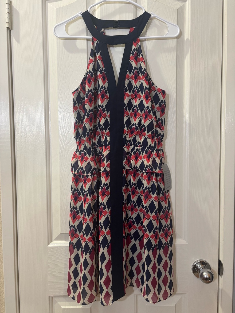 Adelyn Rae Navy& Red Geometric Halter Dress